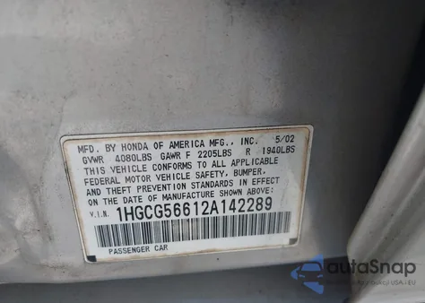 2002 Honda Accord 2.3 Ex из США, поврежденный, VIN 1HGCG56612A142289